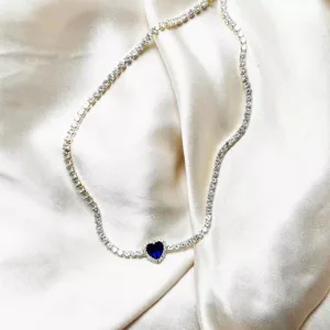 Tennis Necklace with Heart Charm, Blue