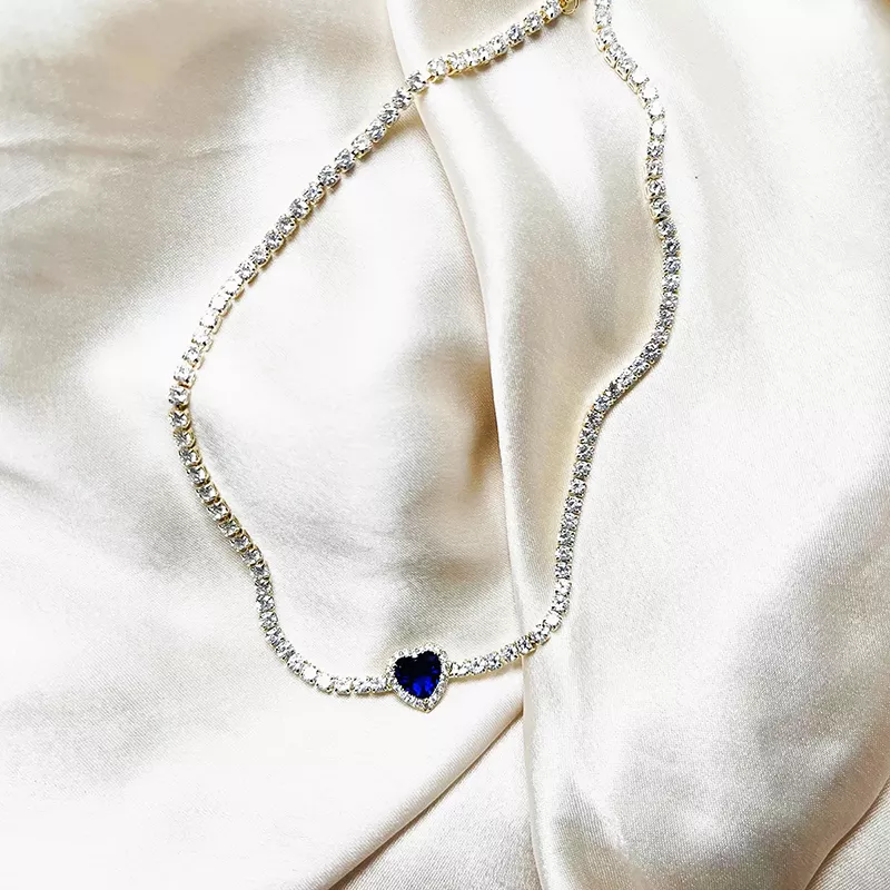Tennis Necklace with Heart Charm, Blue