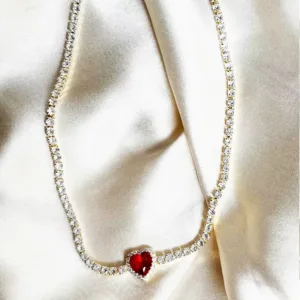 Tennis Necklace with Heart Charm, Ruby