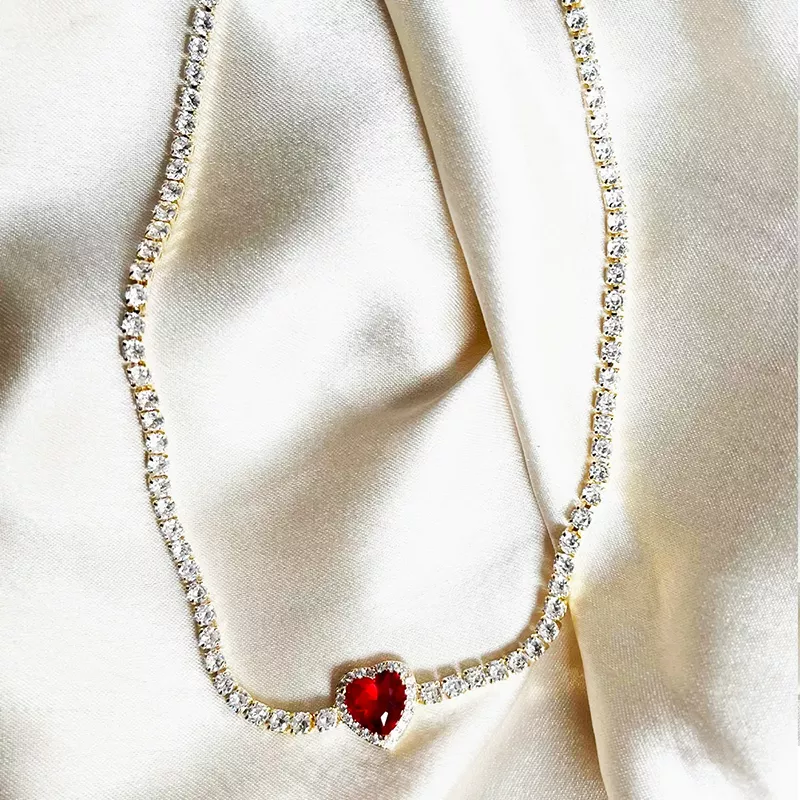 Tennis Necklace with Heart Charm, Ruby